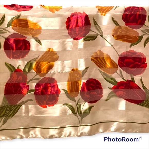 Angelique L Paris Scarf Tulips Red Gold Sheer Strips Gorgeous!🥰🌷 - Picture 1 of 7